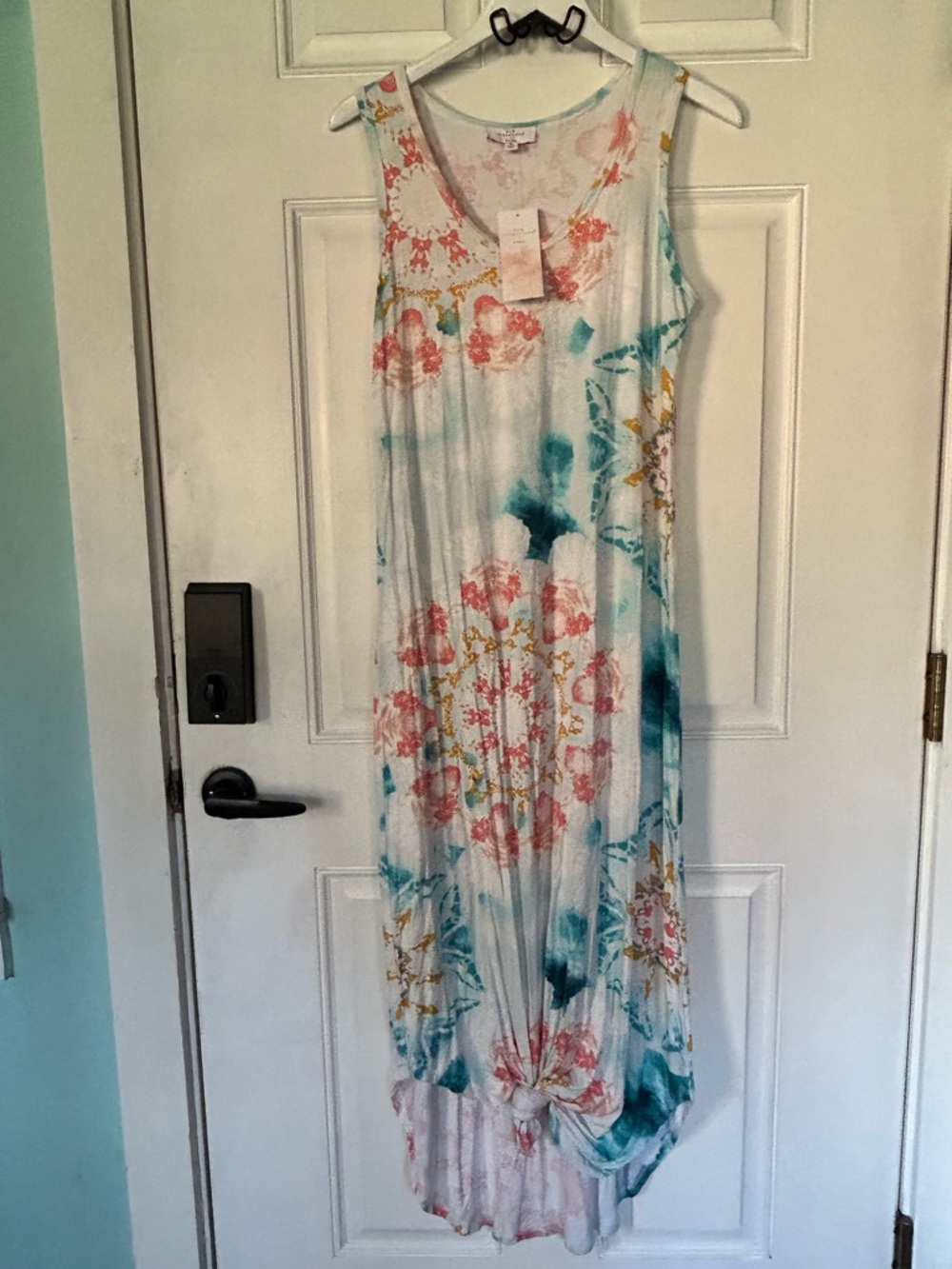 new directions White Maxi Dress with Coral Floral & Teal Accents